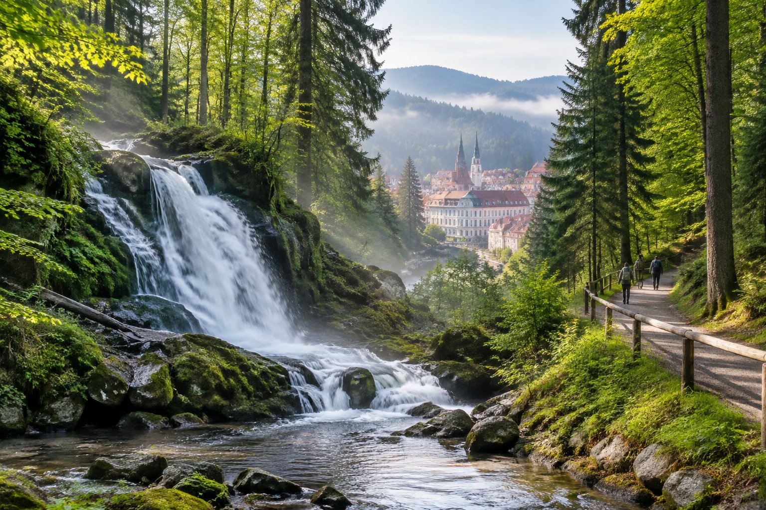 A waterfall flows beside a woodland trail near a spa town in the Black Forest.