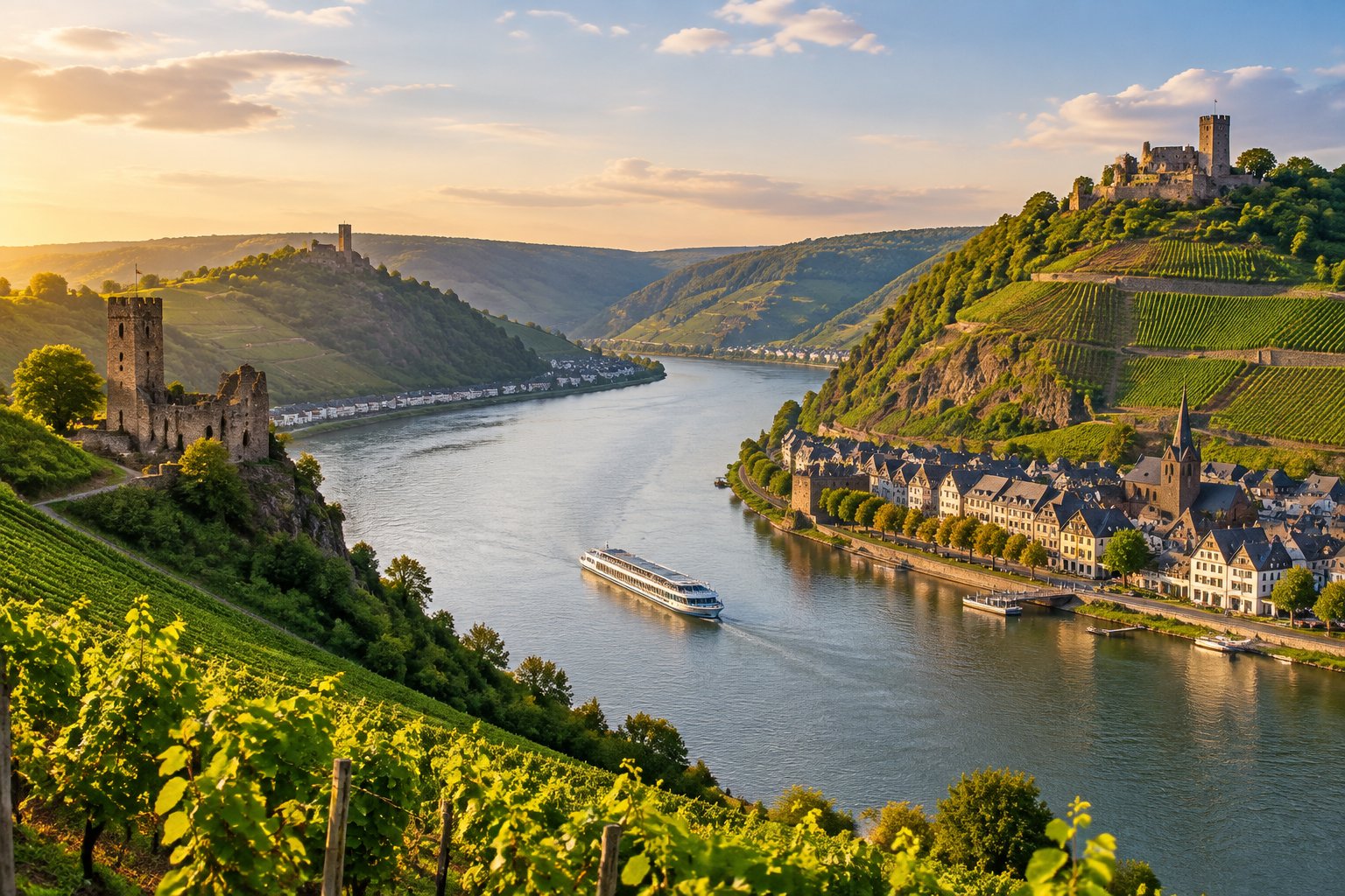 A river cruise boat passes a riverside village, vineyards, and hilltop castles in a green German valley.