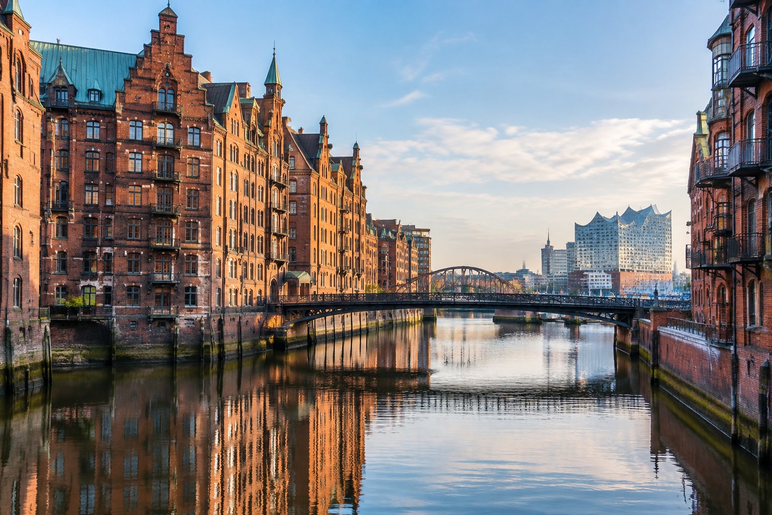Red-brick historic warehouses line a canal in Hamburg.