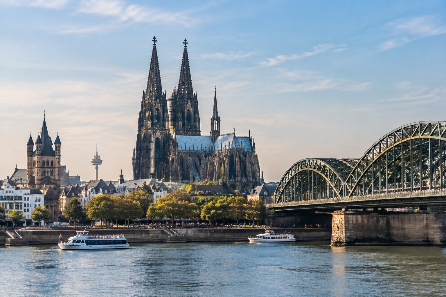 Cologne Cathedral and the Hohenzollern Bridge beside the Rhine.