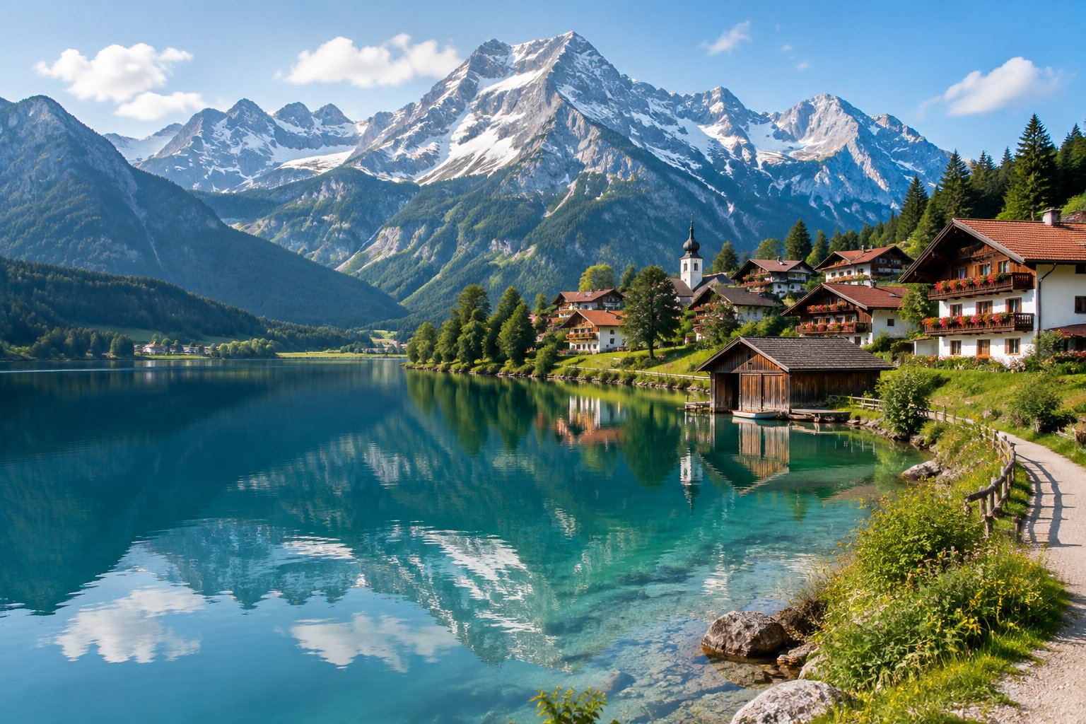 A Bavarian village beside a turquoise lake beneath the Alps.