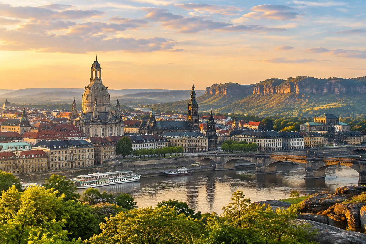 Dresden's historic rooftops and Frauenkirche beneath distant sandstone cliffs.