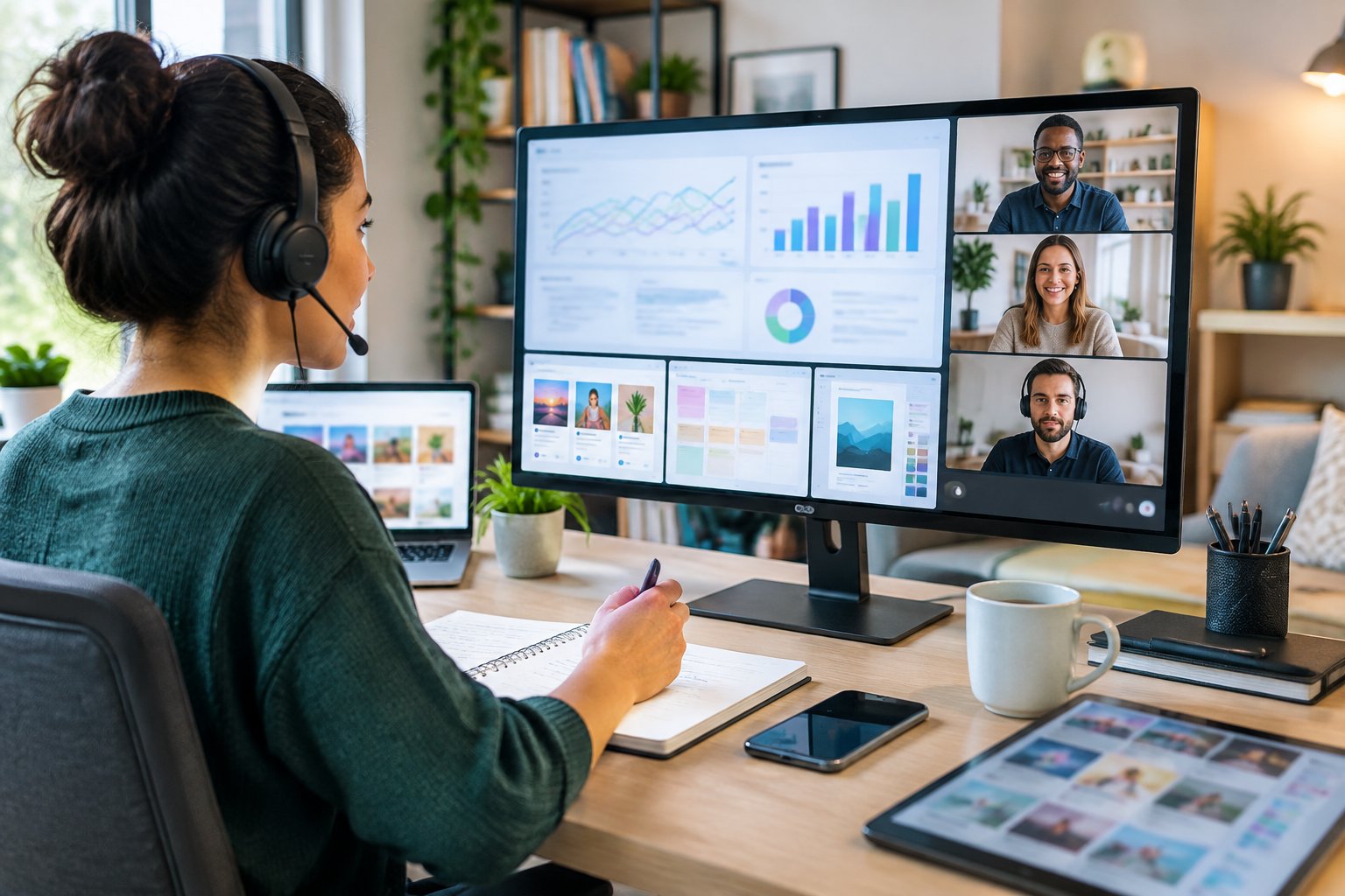 Una profesional de marketing revisa gráficos en su computadora mientras colabora por videollamada con un equipo remoto.
