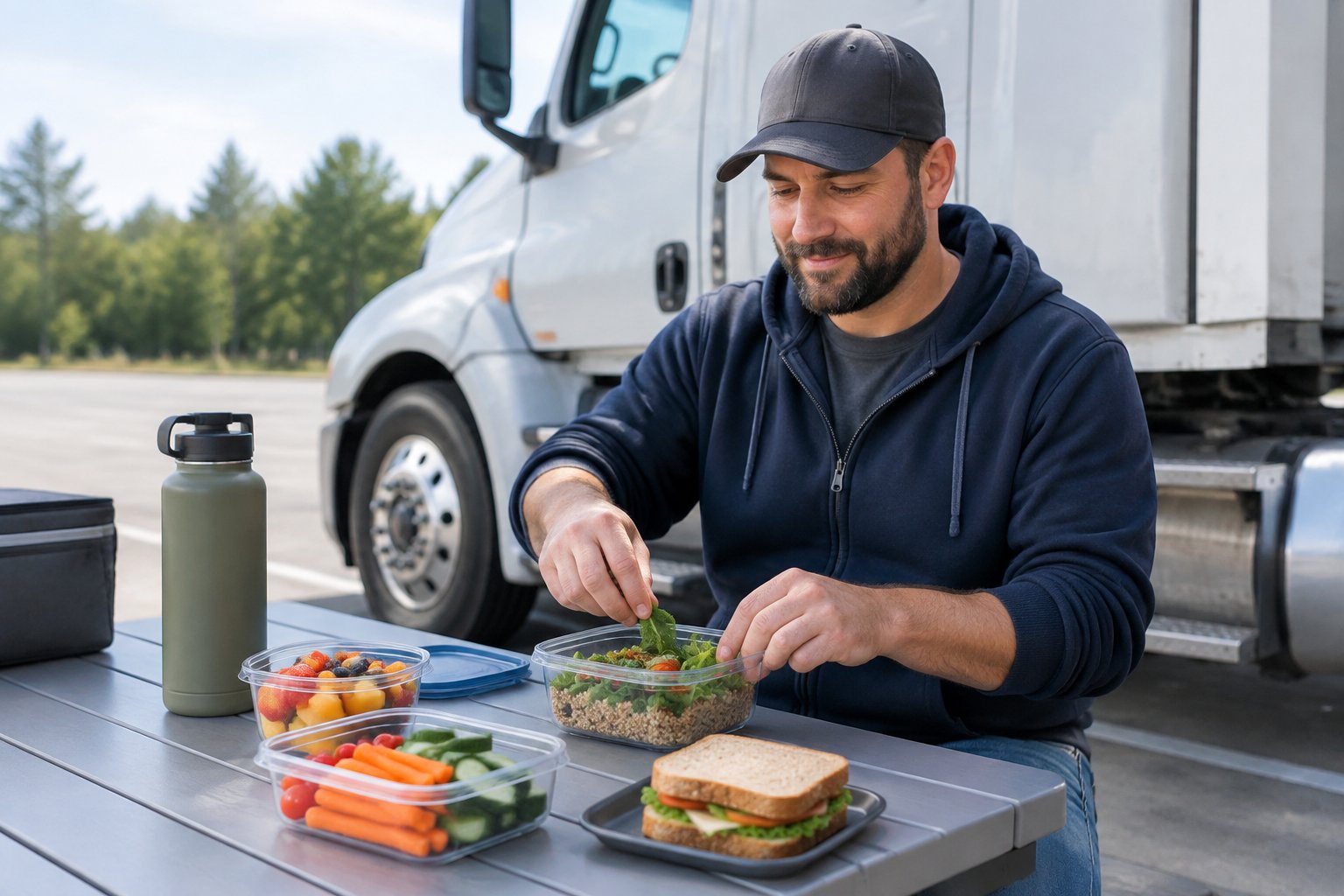 A truck driver packs fresh food into reusable containers beside a parked semi-truck.