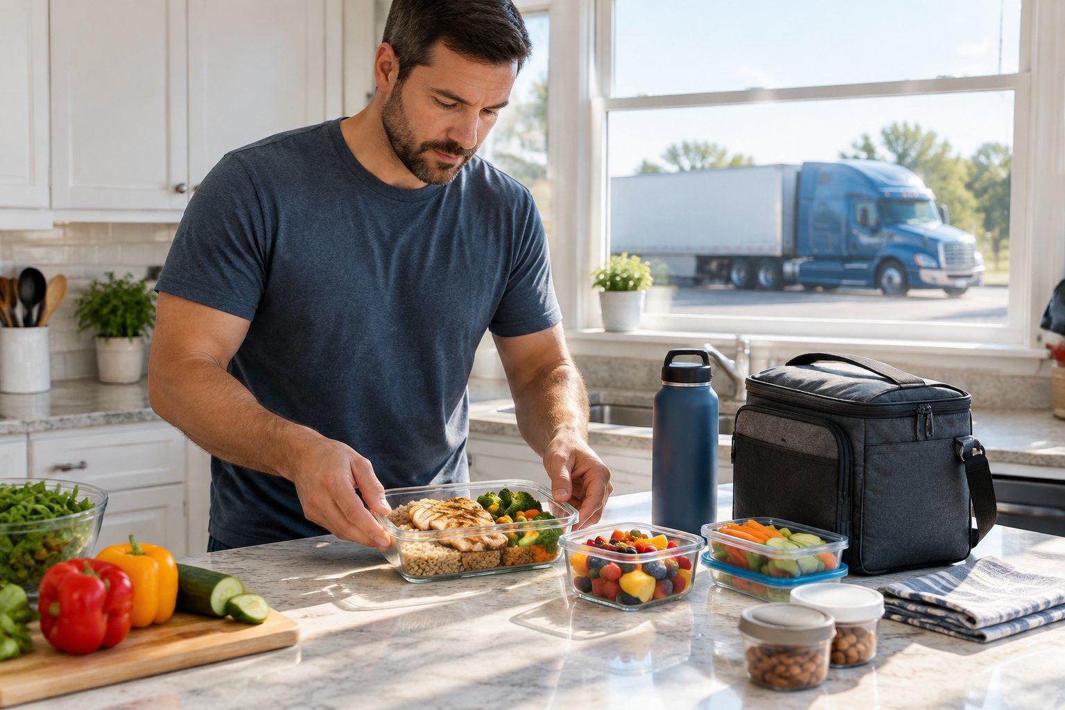 A truck driver packs homemade meals and snacks into containers in a kitchen.