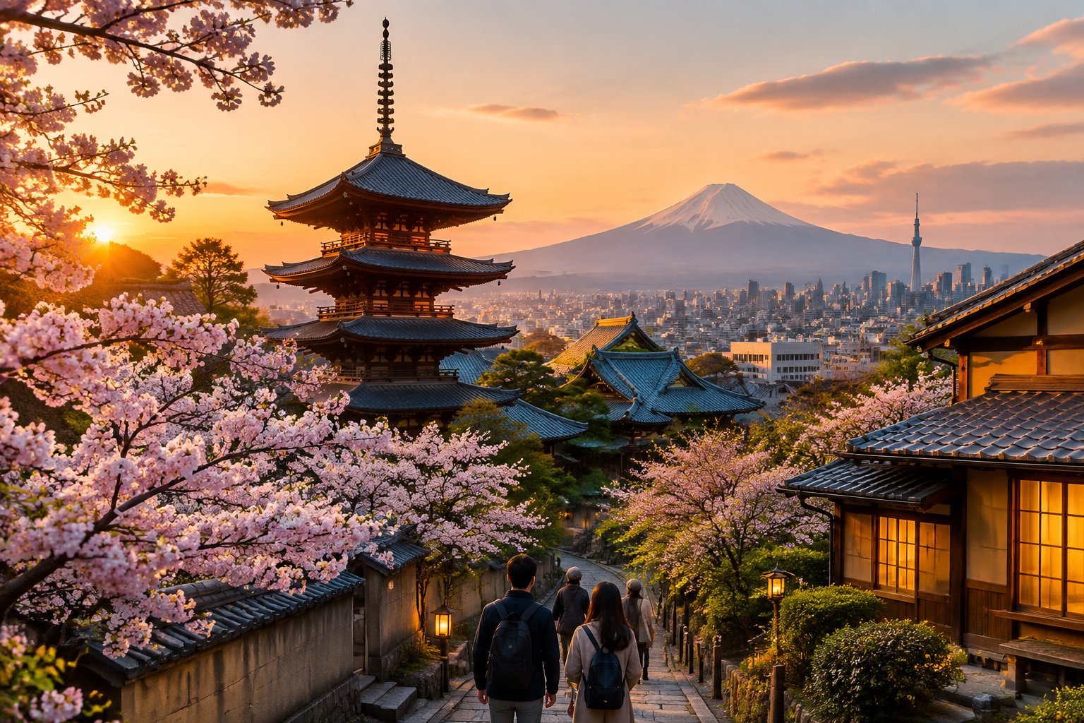 Travelers walk along a path past a Kyoto pagoda and cherry blossoms, with Mount Fuji and a city skyline in the distance.