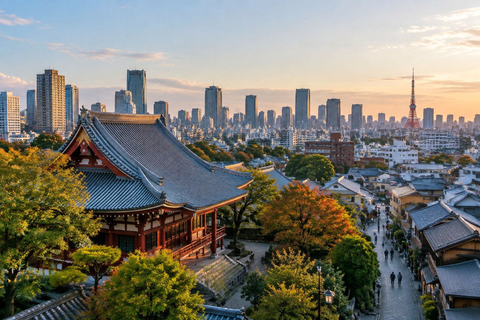A traditional temple in a leafy Tokyo neighborhood with modern buildings and Tokyo Tower in the distance.