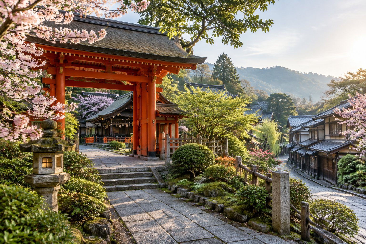 A vermilion shrine gate and traditional buildings beside a landscaped garden in Kyoto.