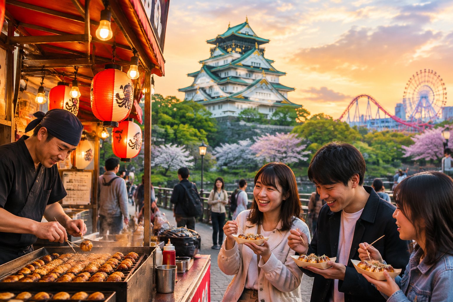 Visitors enjoy takoyaki at a street stall with Osaka Castle and a theme-park ride in the background.