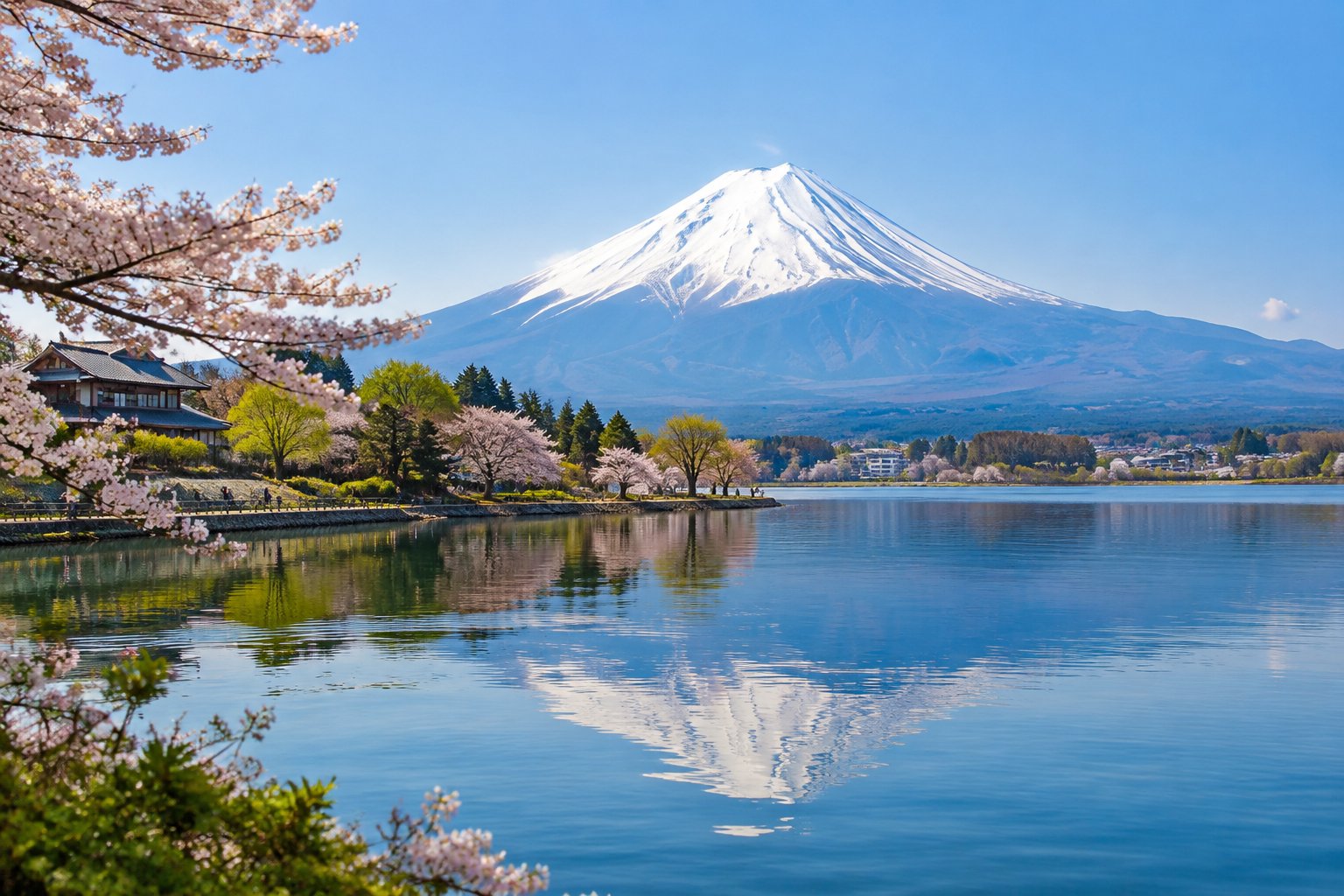 Mount Fuji rises above a calm lake bordered by spring blossoms.