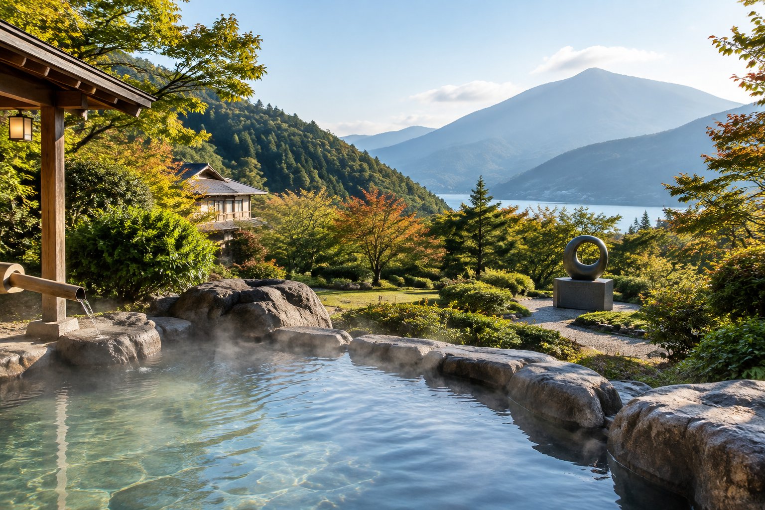 A steaming outdoor hot spring beside a garden sculpture, surrounded by forested mountains.