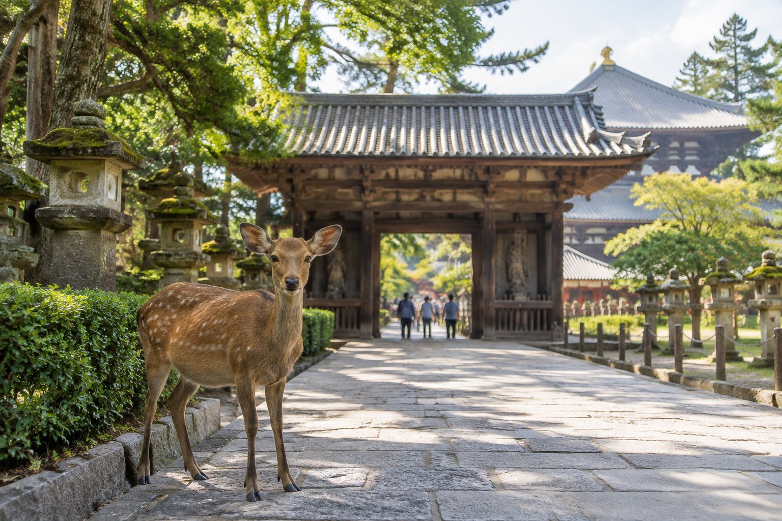 A deer stands on a path near a traditional temple in Nara.
