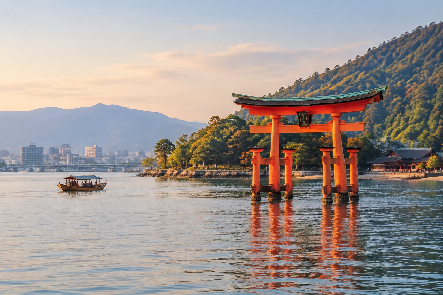 The vermilion torii gate of Miyajima stands in the water with forested hills behind it.