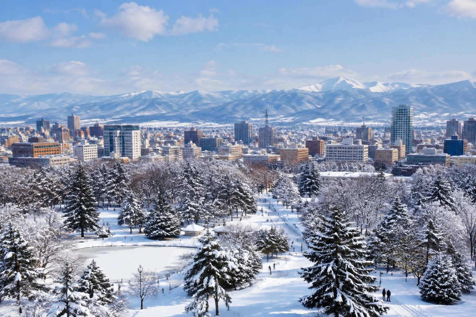 A snow-covered park in Sapporo with distant city buildings, open plains, and mountains.