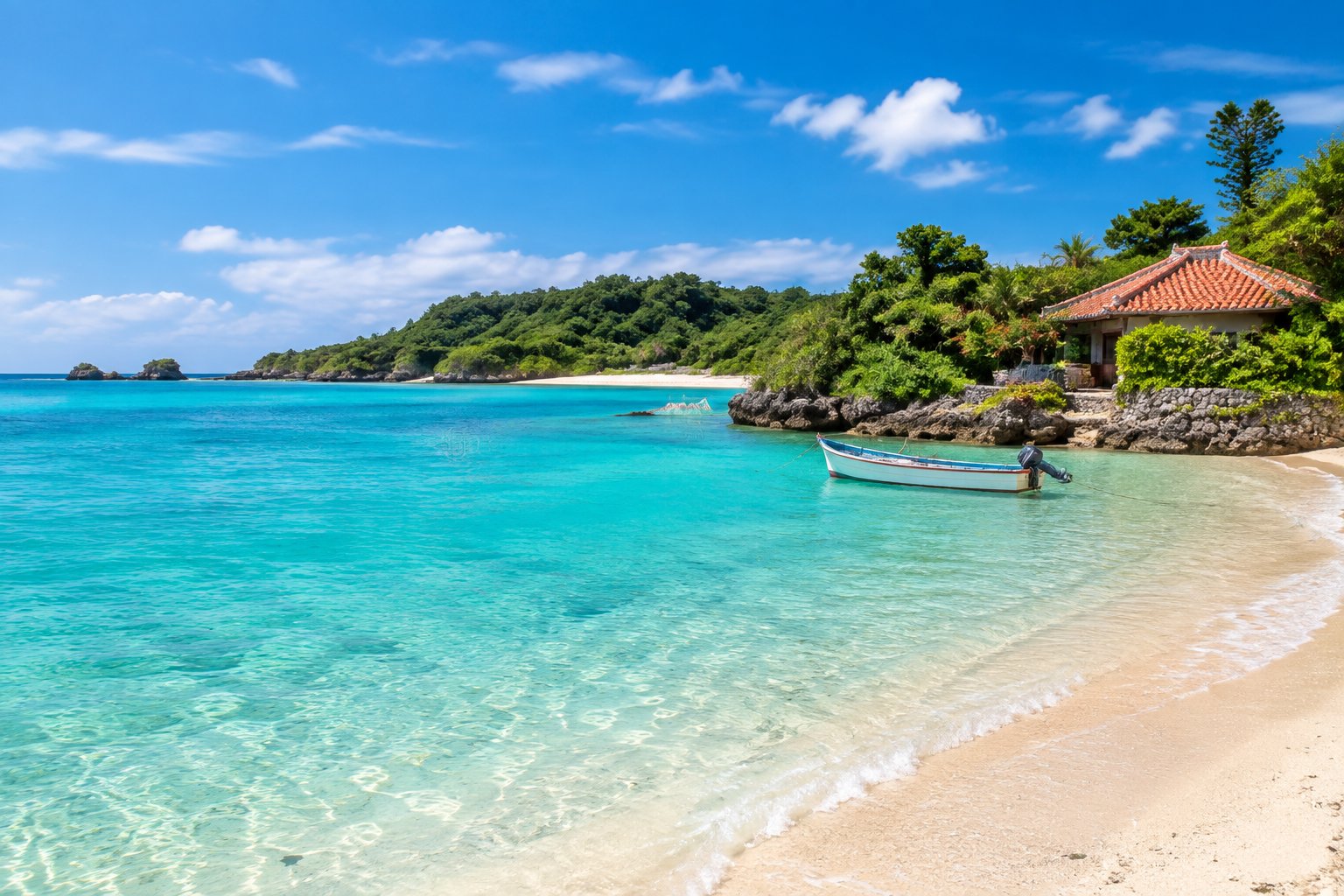 A turquoise beach beside a green Okinawan coastline with a traditional red-tiled building.