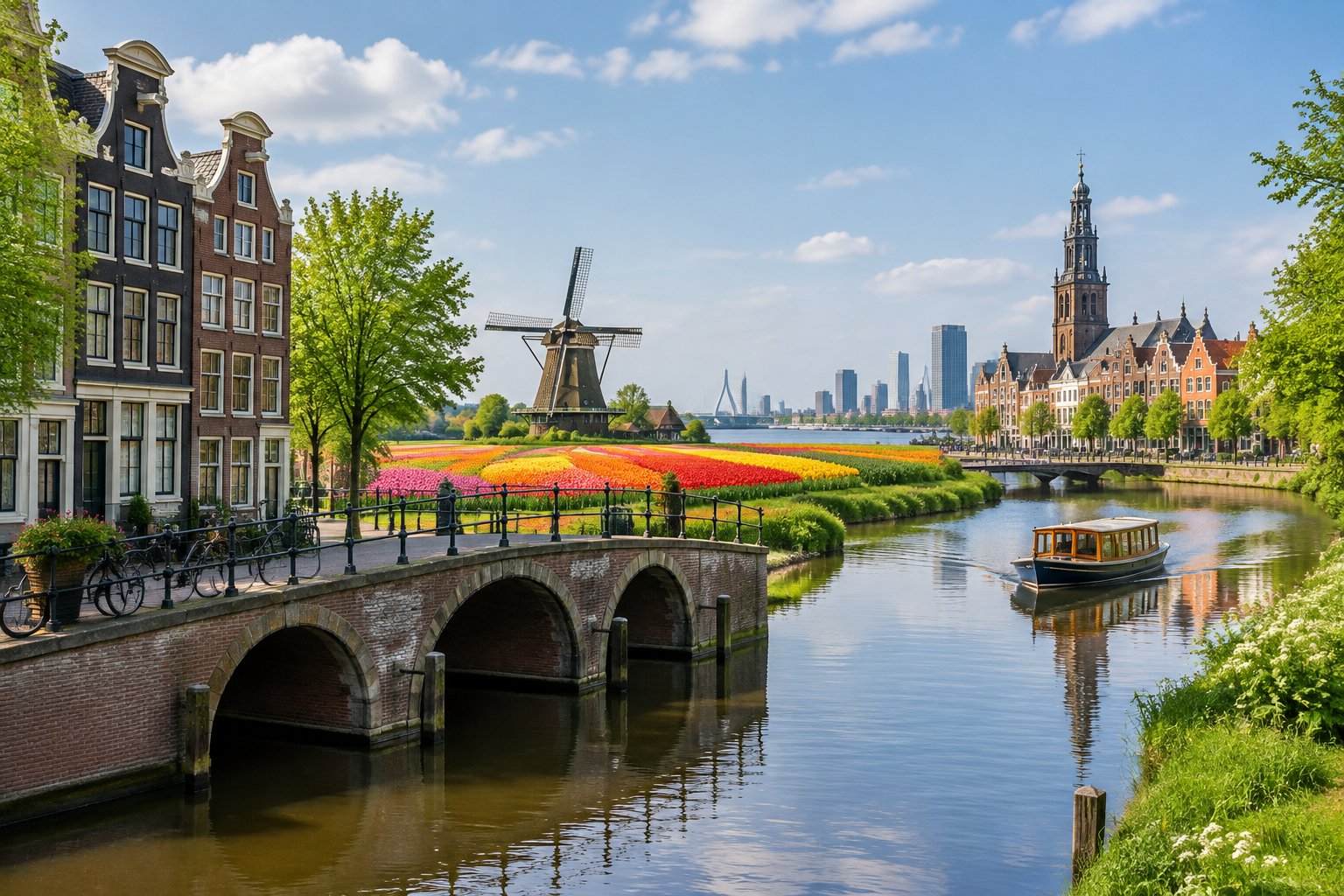 Canal houses and a bridge sit among windmills, tulip fields, and city landmarks in the Netherlands.