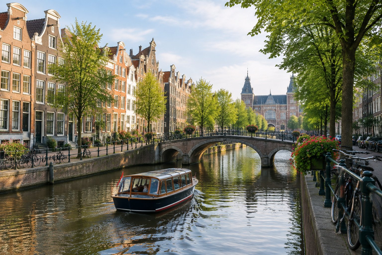 A boat passes along an Amsterdam canal beside historic houses and a bridge.
