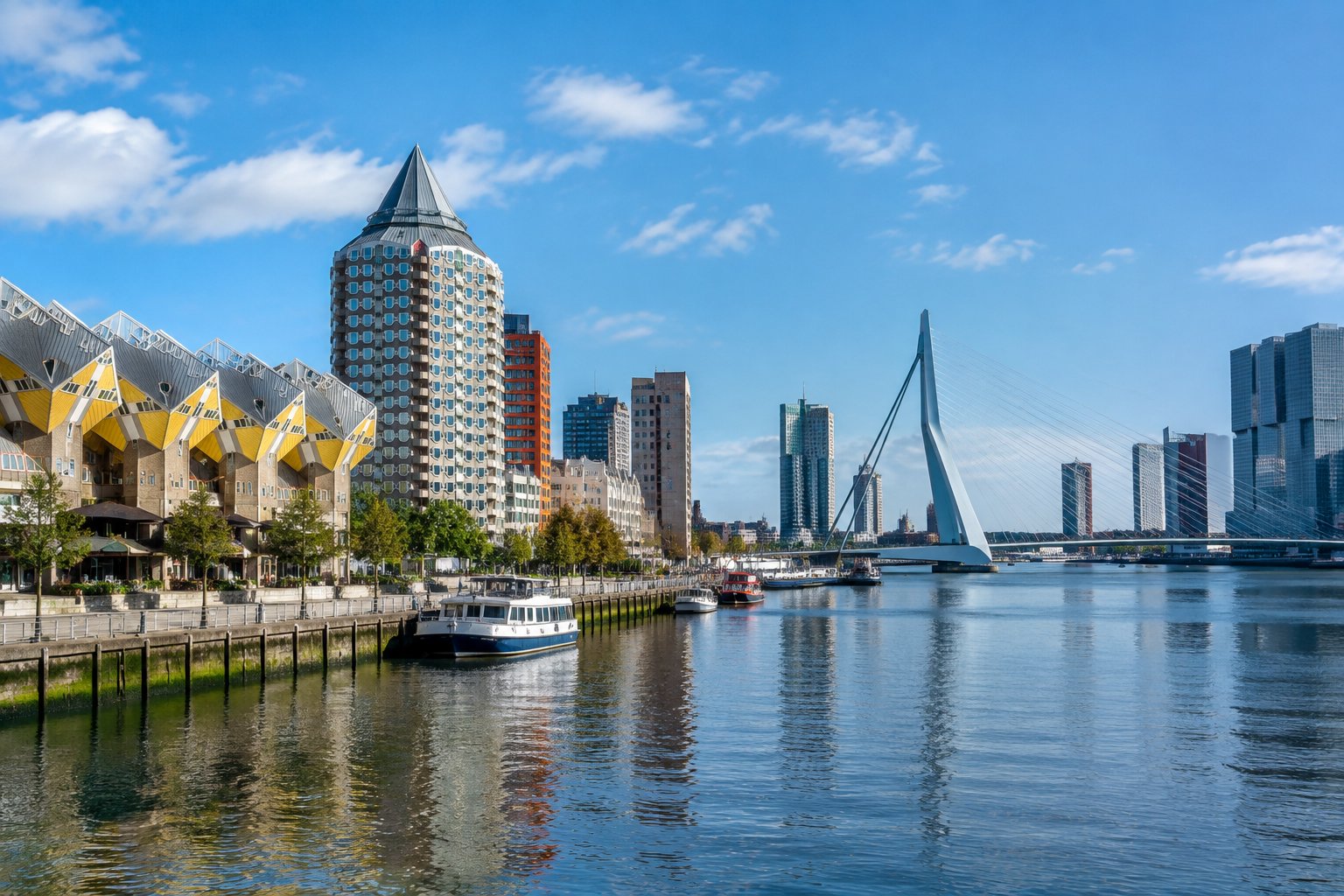 Modern Rotterdam buildings and the Erasmus Bridge beside the Maas River.