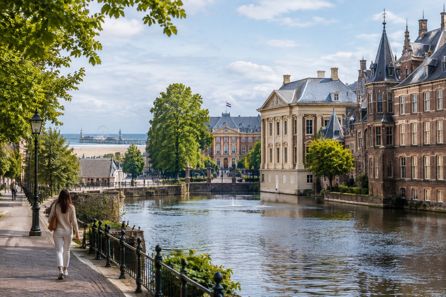 A visitor walks beside a canal near historic buildings, with the beach visible in the distance.