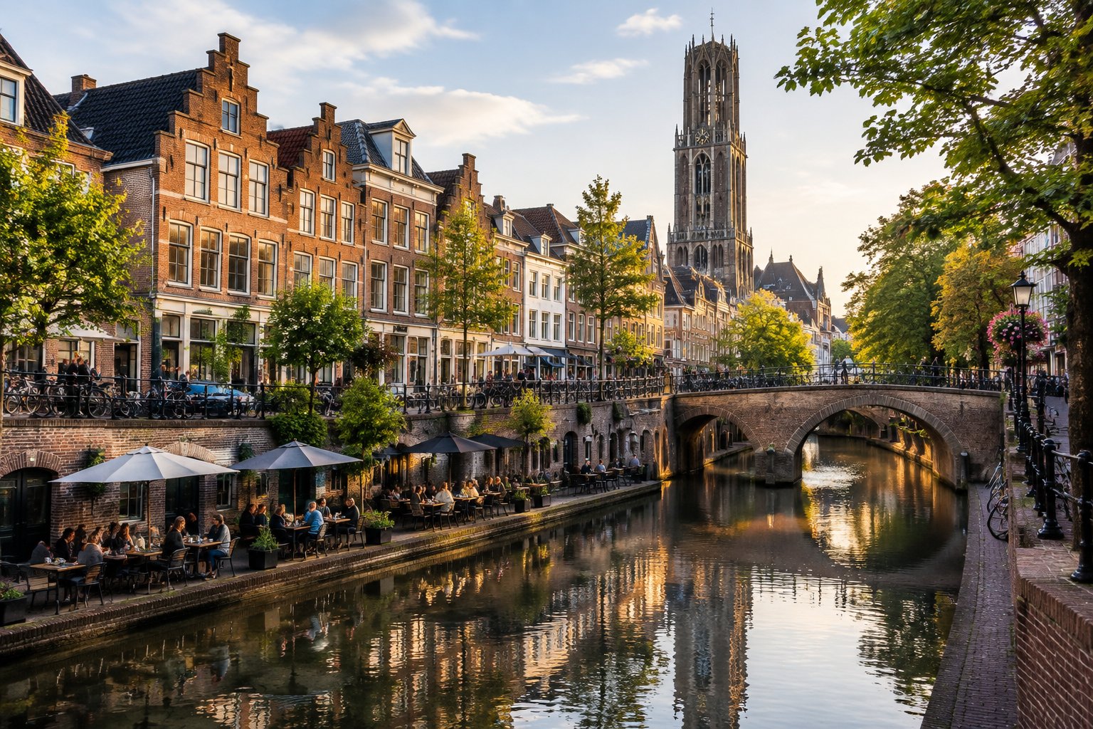Historic Utrecht canal with waterside buildings, a stone bridge, and the Dom Tower.