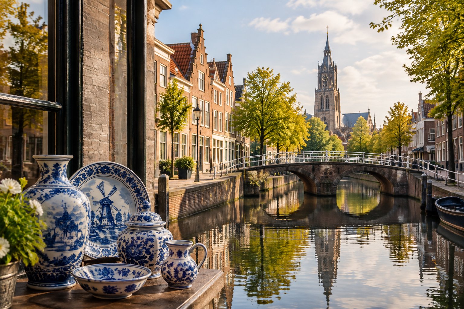 Blue-and-white pottery beside a canal lined with historic houses in Delft.