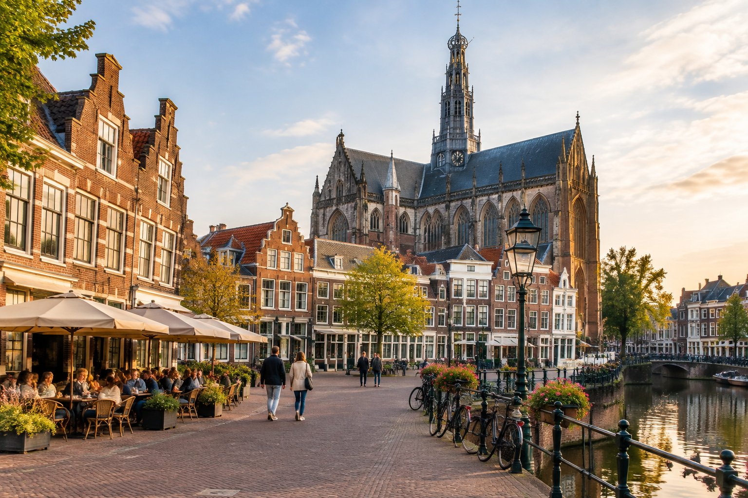 Visitors stroll across a historic Haarlem square beneath the Grote Kerk.