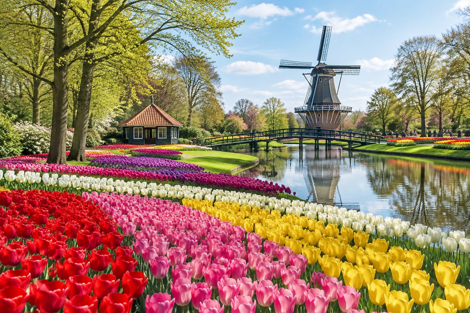 Rows of colorful tulips fill a spring garden beside a Dutch windmill.