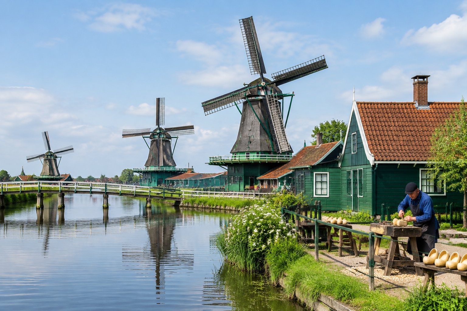Historic windmills and traditional houses beside a canal at Zaanse Schans.