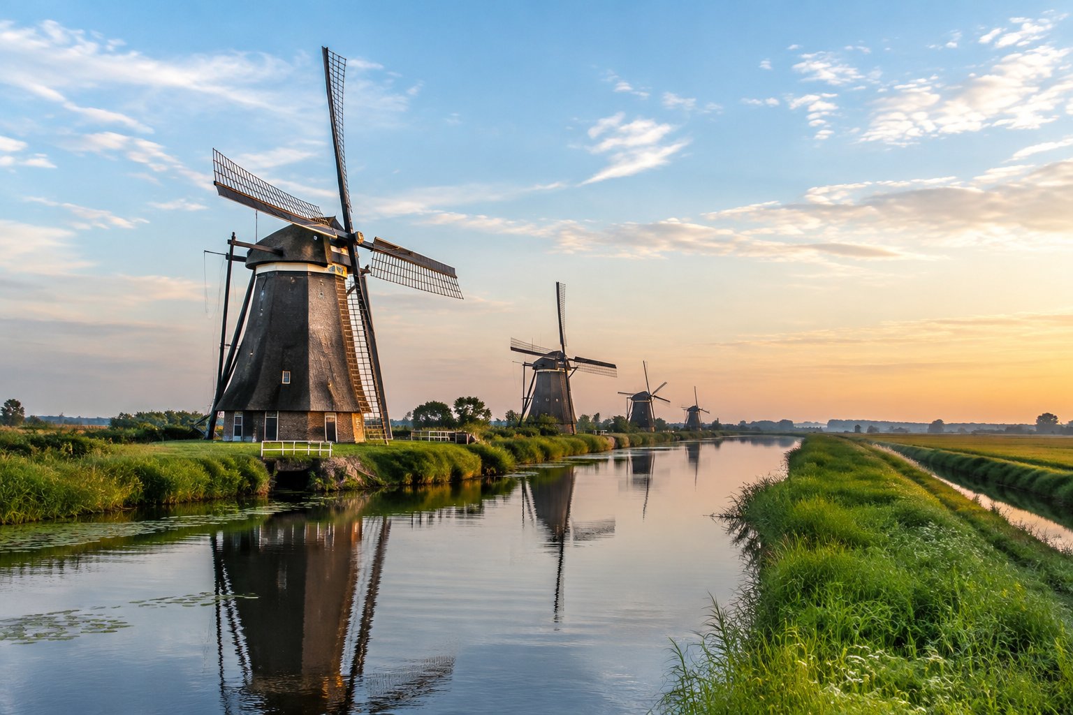 Historic windmills stand beside a canal in Kinderdijk.