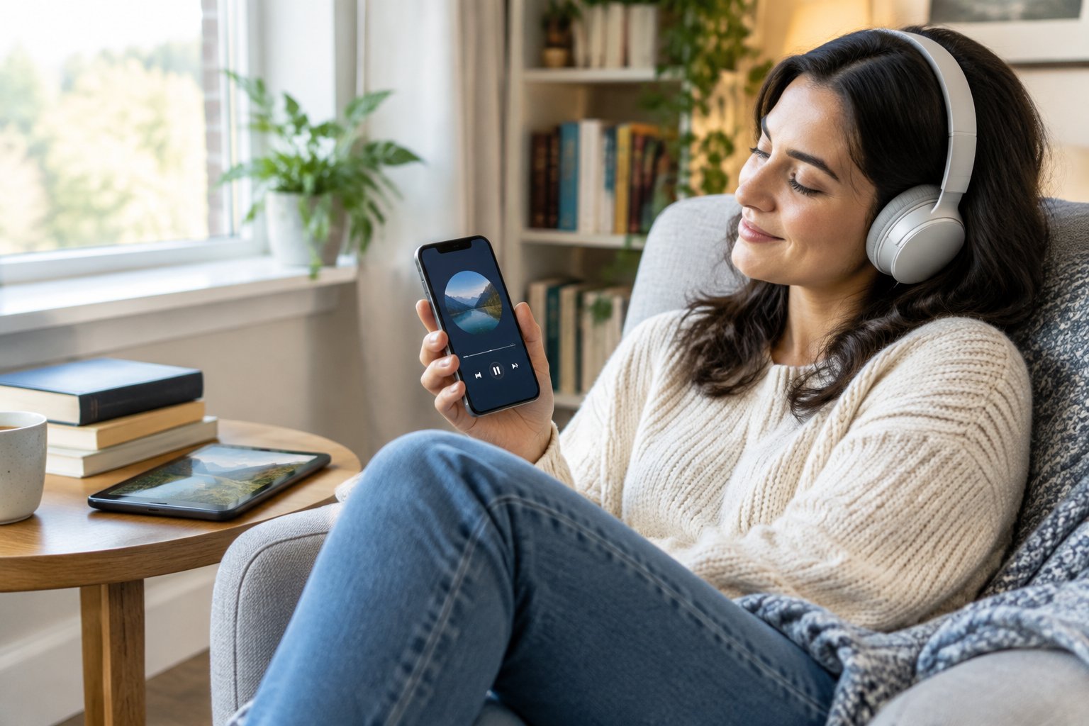 A person listens to an audiobook on a smartphone while relaxing in a home reading nook.
