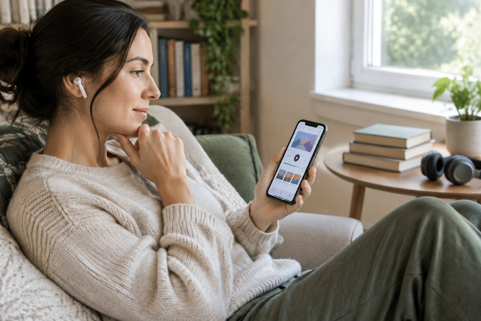 An adult listens to an audiobook on earbuds while holding a smartphone in a home reading nook.