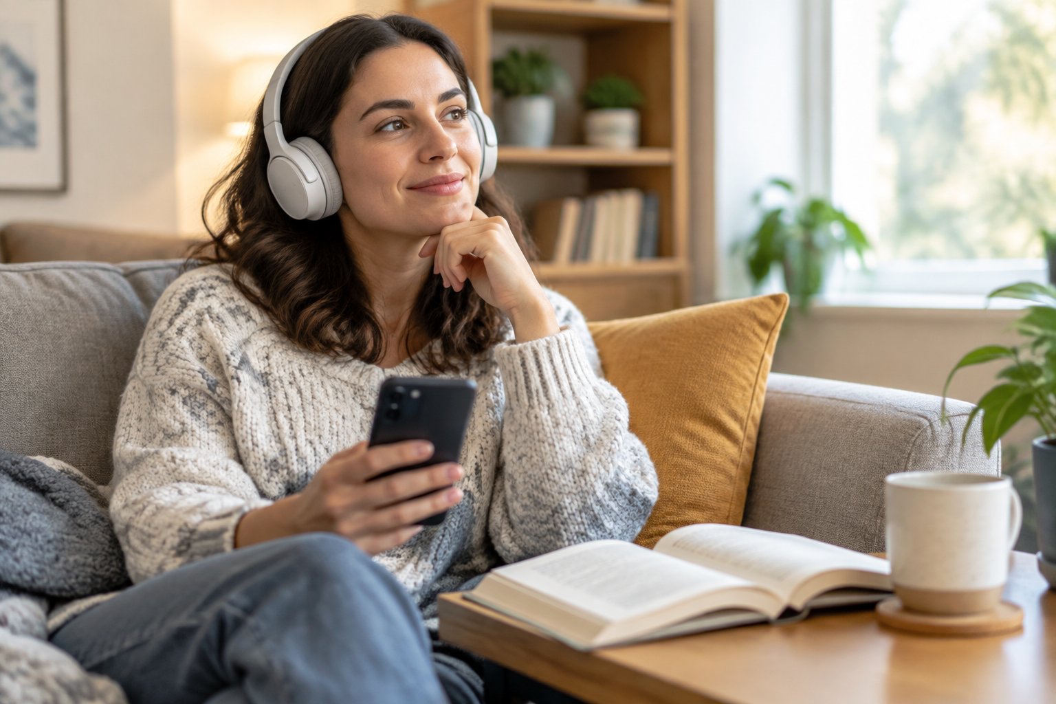 A person wearing headphones listens to an audiobook on a smartphone at home.