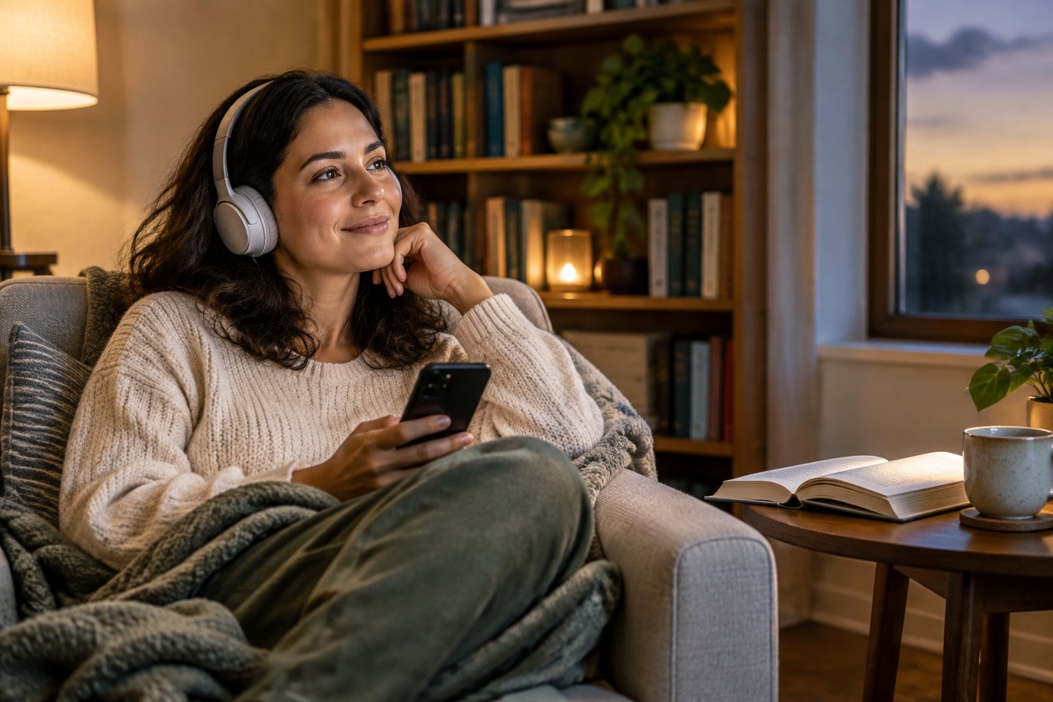 A person wearing headphones listens to an audiobook in a cozy reading nook.
