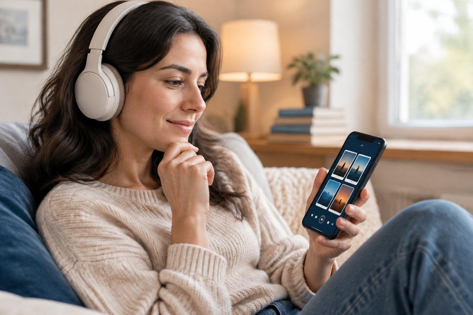 A person wearing headphones reviews audiobook options on a smartphone at home.