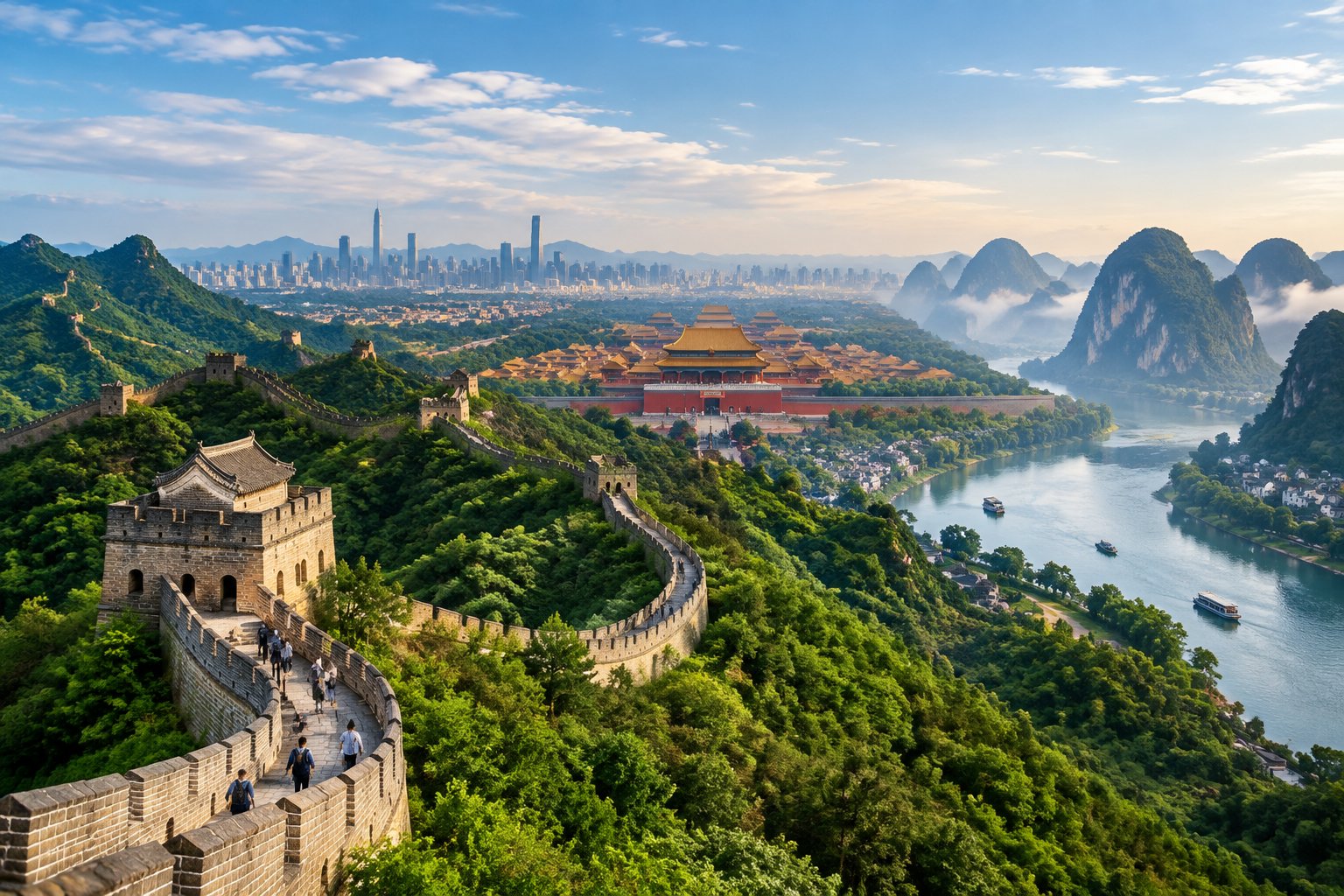The Great Wall winds across green mountains, with traditional palace roofs, distant city buildings, and misty peaks.