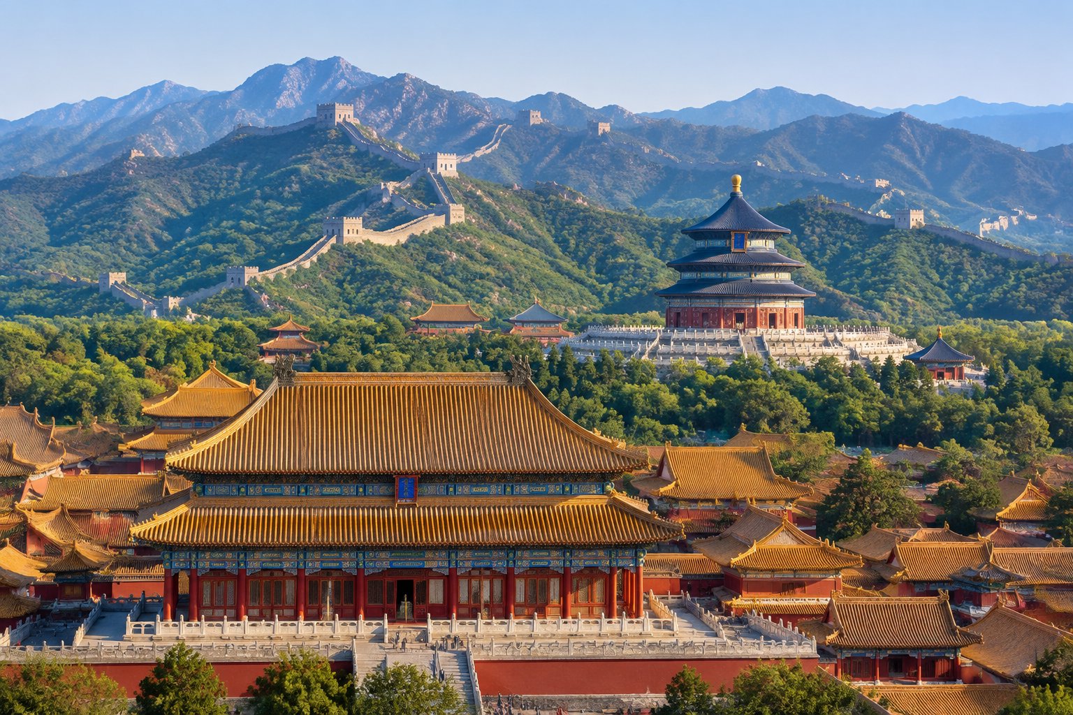 Beijing’s imperial landmarks with the Great Wall winding across distant mountain ridges.
