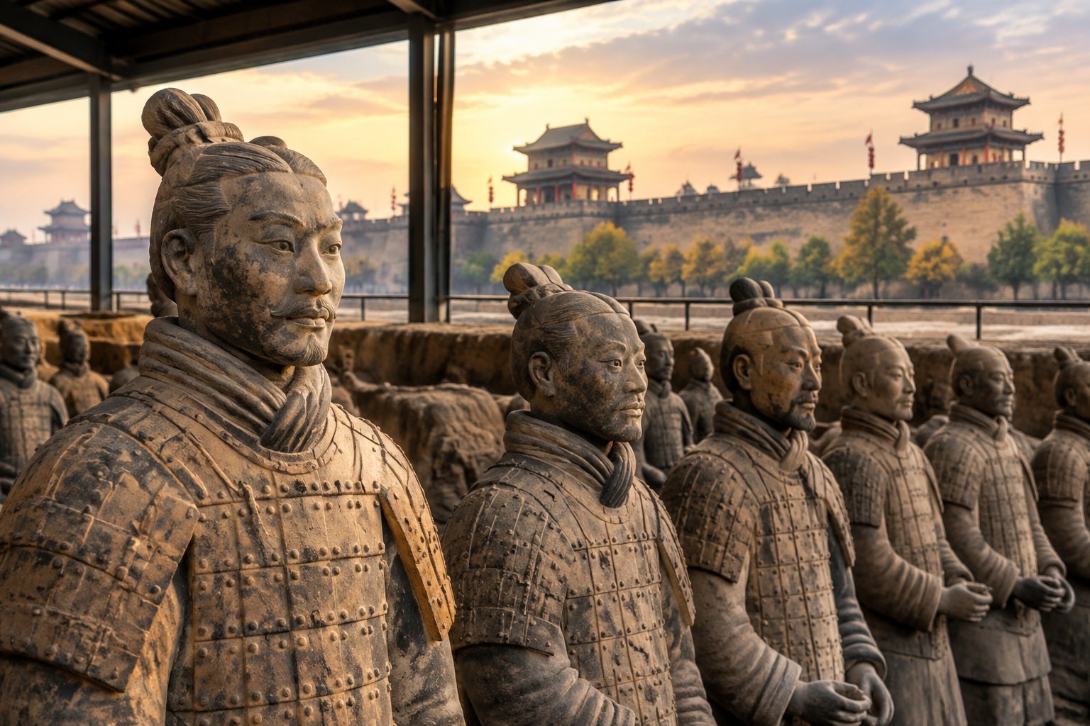 Terracotta warriors in an excavation hall with Xi’an’s ancient city wall in the background.