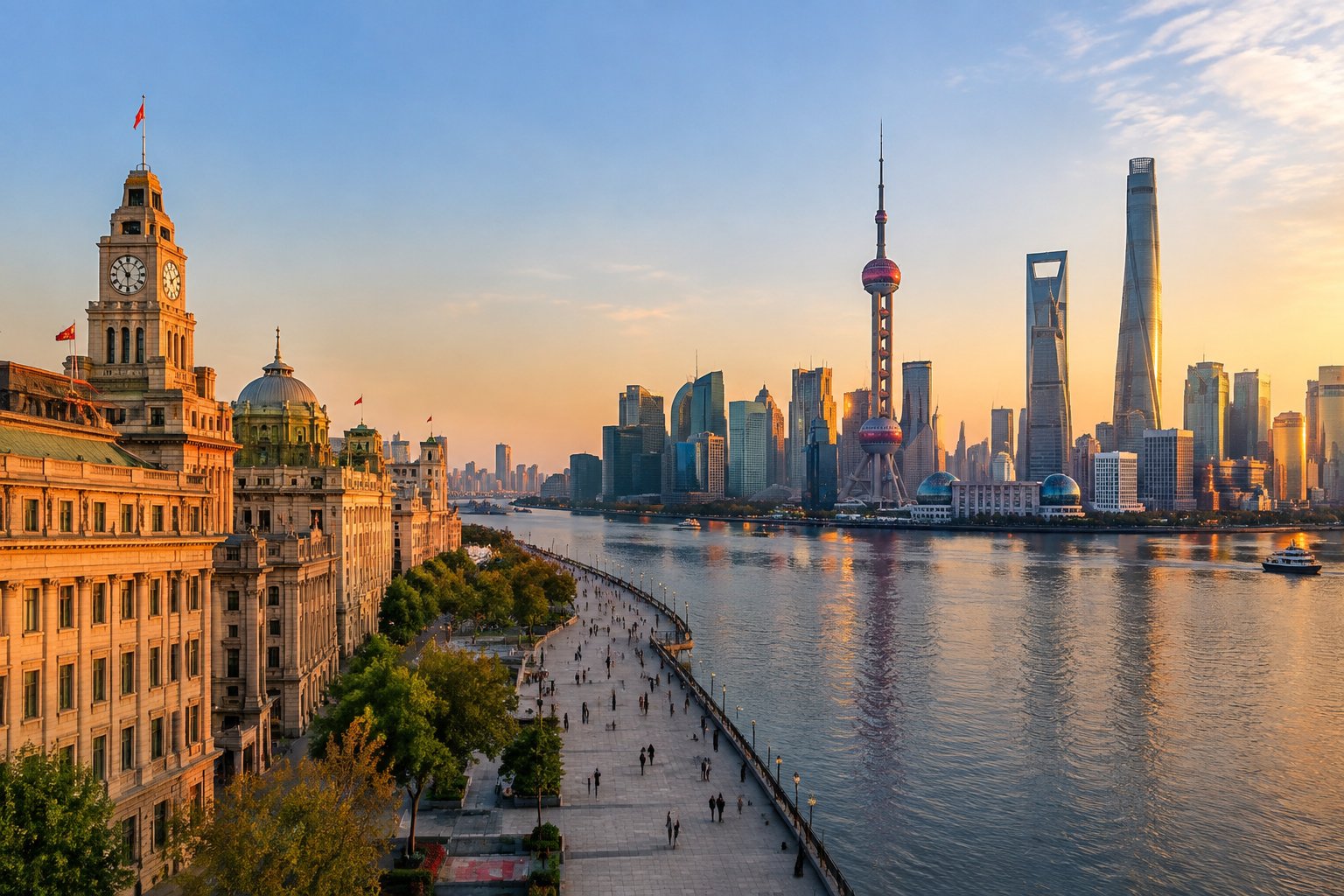 Historic buildings along Shanghai’s Bund face the modern skyline across the Huangpu River.