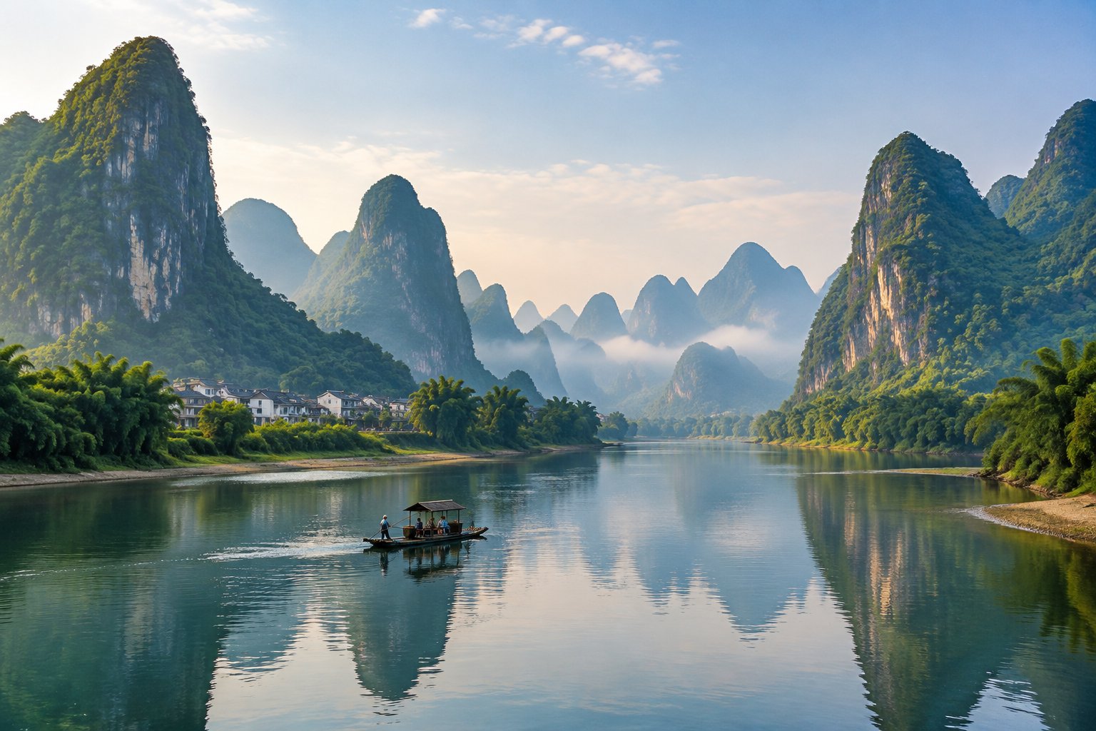 Karst peaks rise above the Li River, where a small raft floats past green riverbanks.