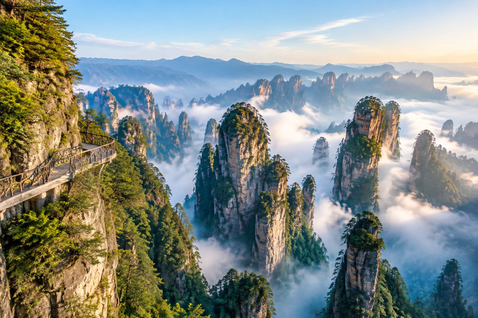 Misty sandstone pillars rise above a mountain trail in Zhangjiajie.