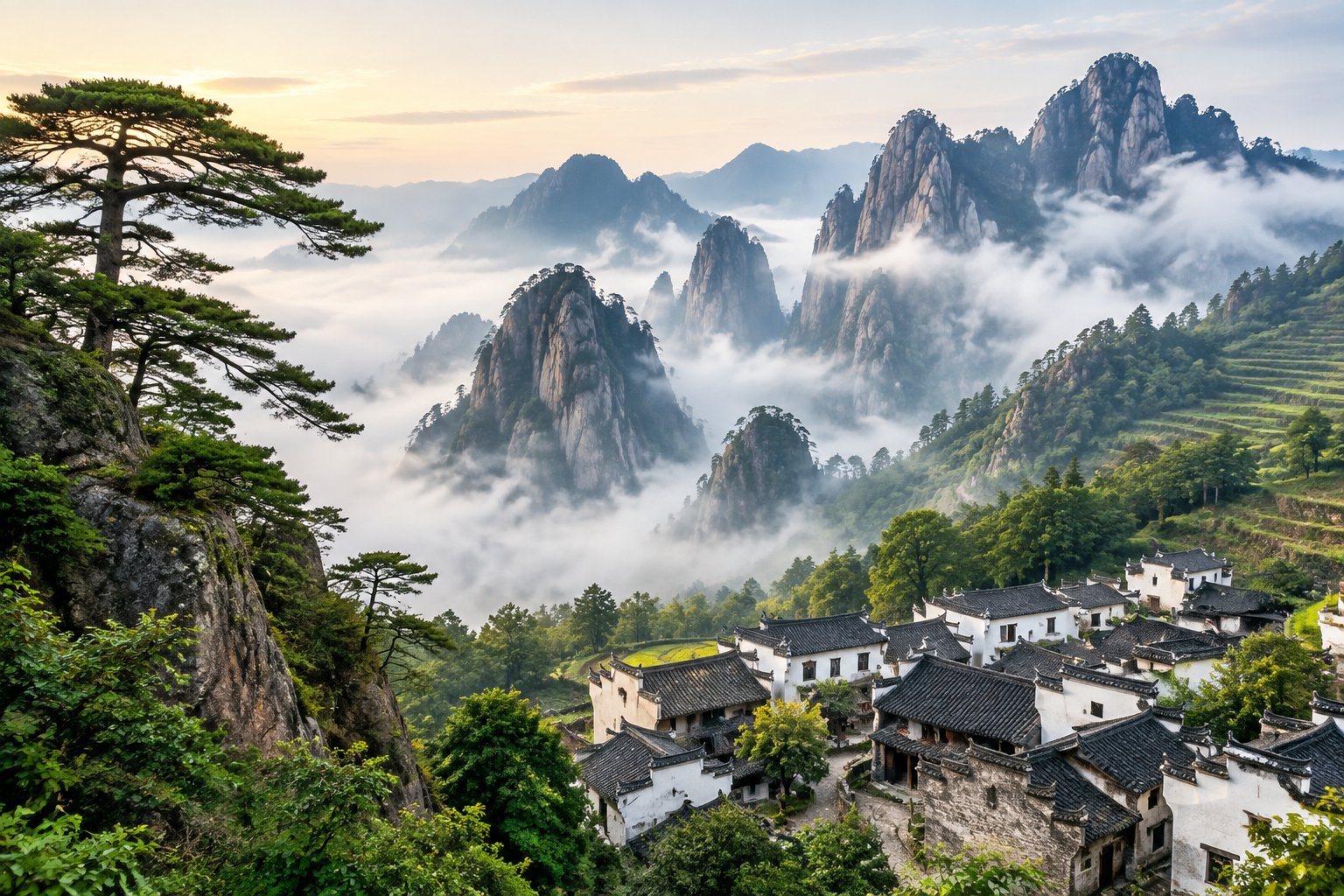 Misty granite peaks and pine trees rise above a traditional village in Huangshan.
