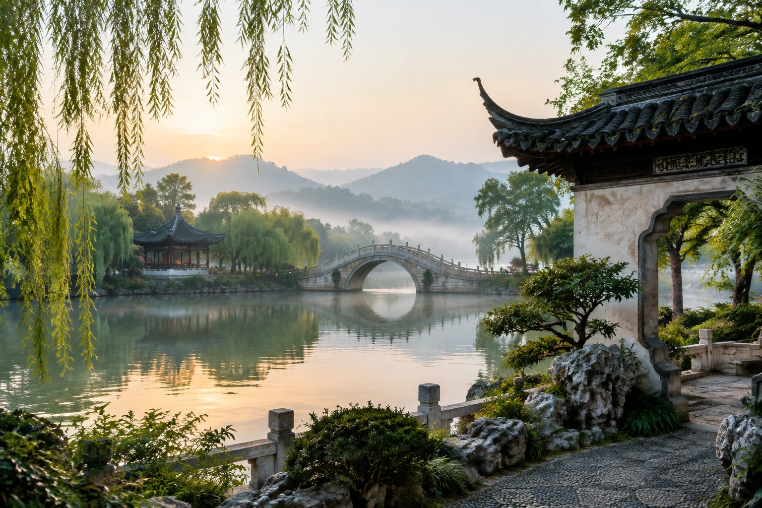 A stone bridge and traditional pavilion beside a calm lake, with a classical garden nearby.
