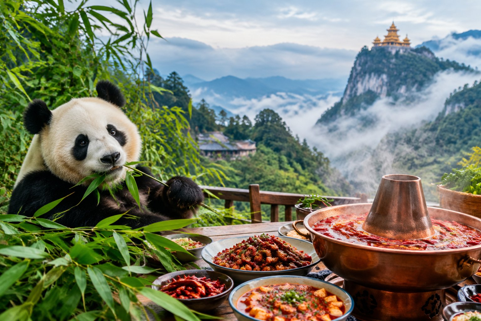 A giant panda rests beside a Sichuan hot pot, with misty mountain peaks in the background.