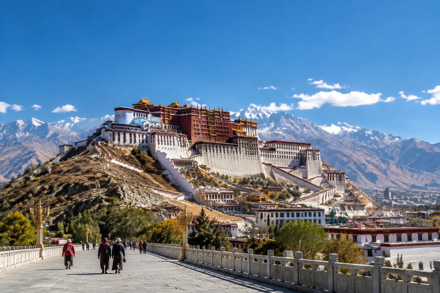 The Potala Palace overlooks Lhasa, with pilgrims walking beneath distant mountain peaks.