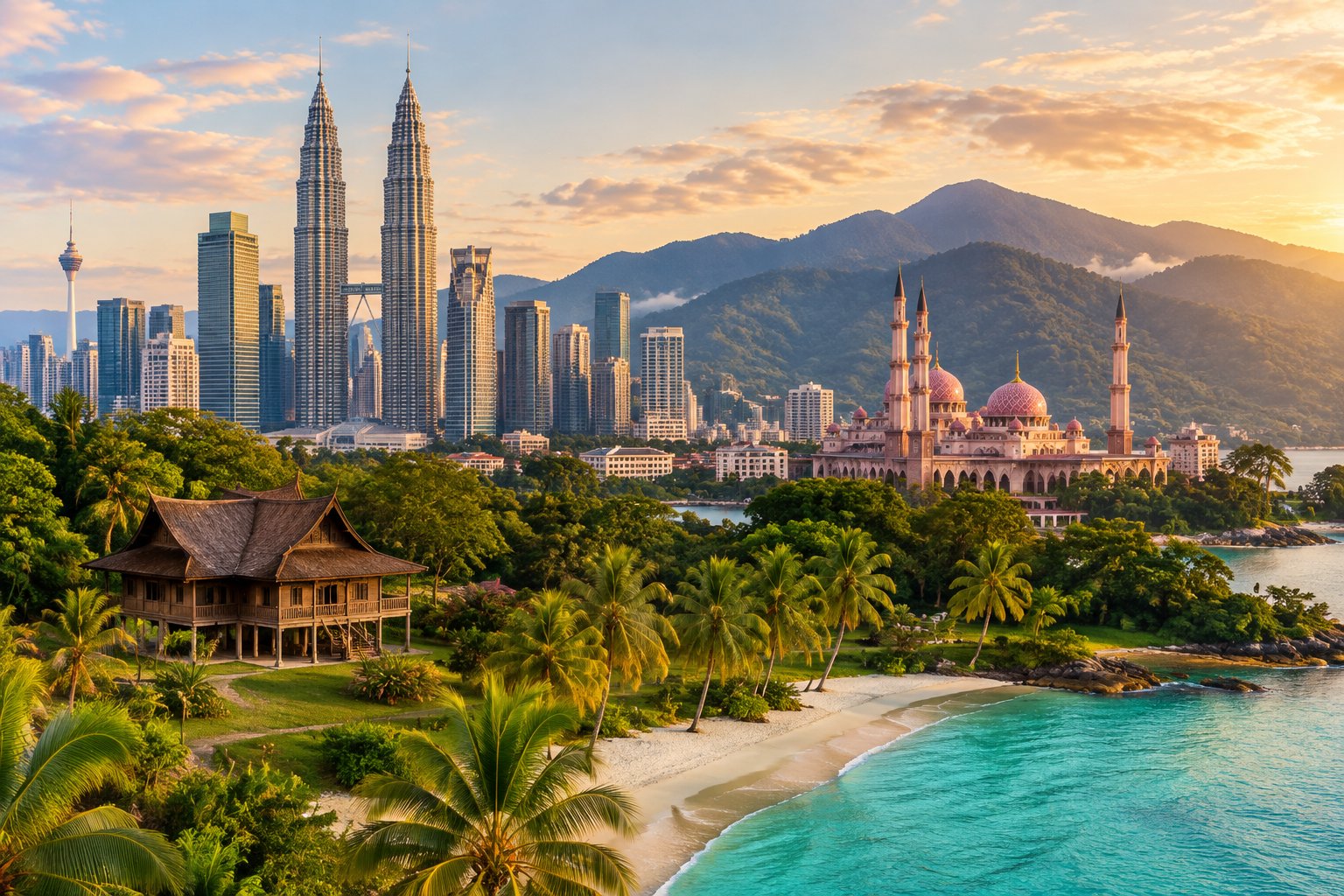 Malaysian city landmarks, tropical rainforest, and a beach gathered in one scenic view.
