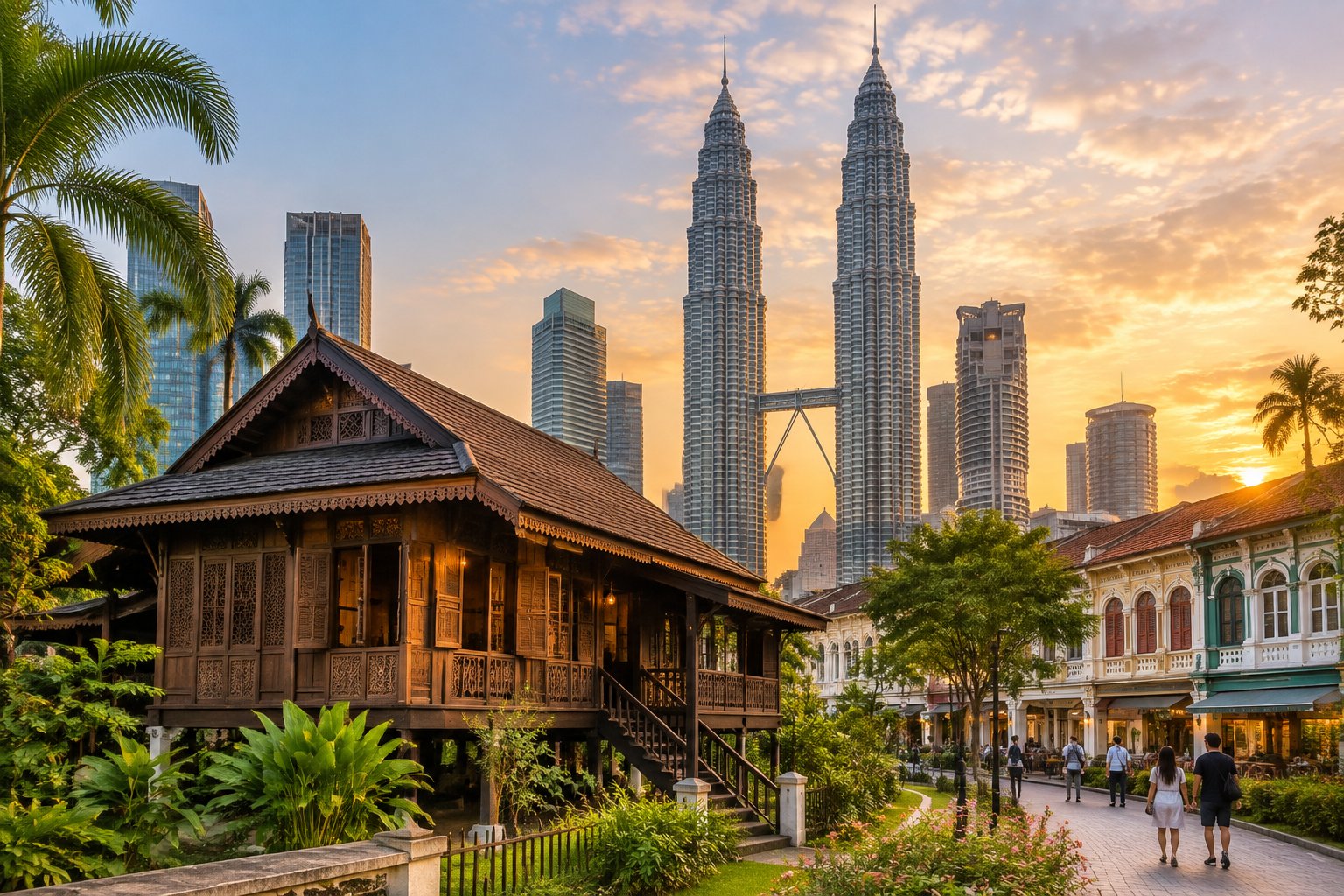 A traditional Malay wooden house stands in front of Kuala Lumpur’s modern skyline.