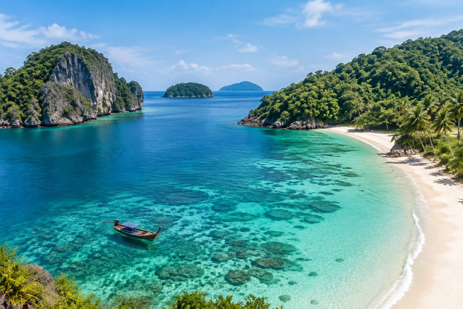 A tropical Malaysian coastline with turquoise water, a sandy beach, rainforest, and distant islands.