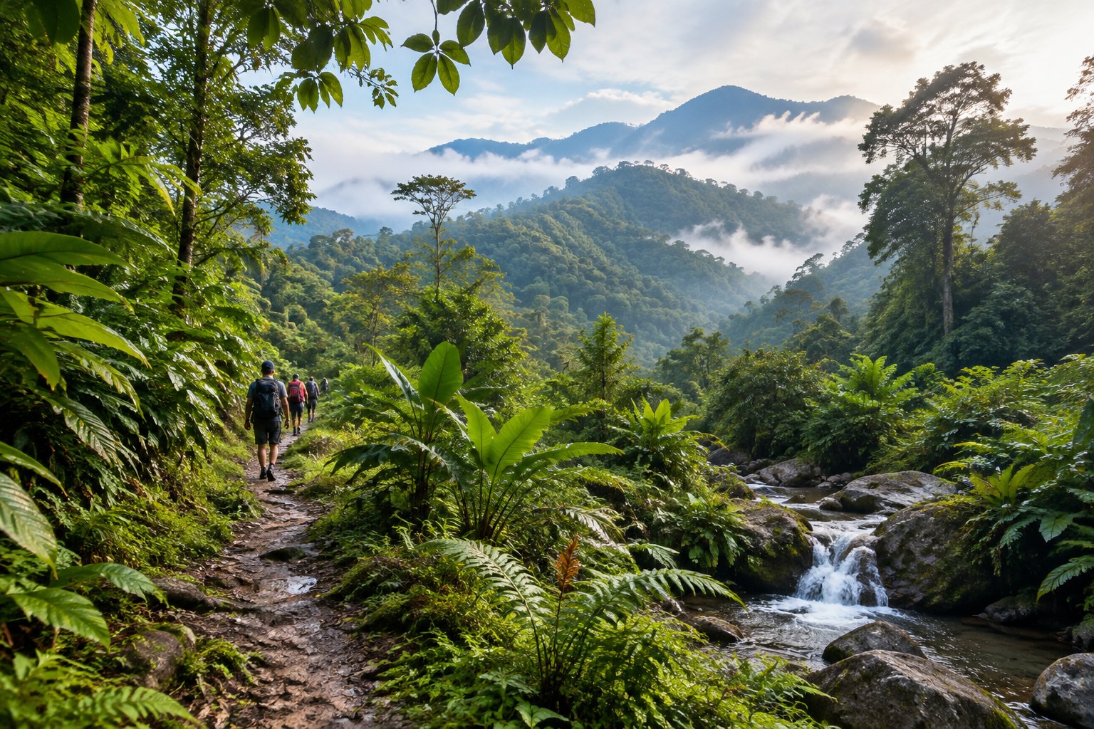 A rainforest trail winds through lush greenery toward misty highlands.