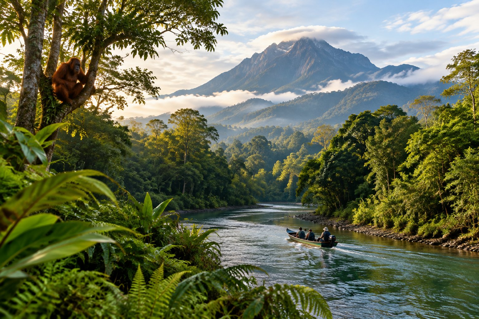 A small boat travels along a rainforest river beneath Mount Kinabalu, with an orangutan in a nearby tree.