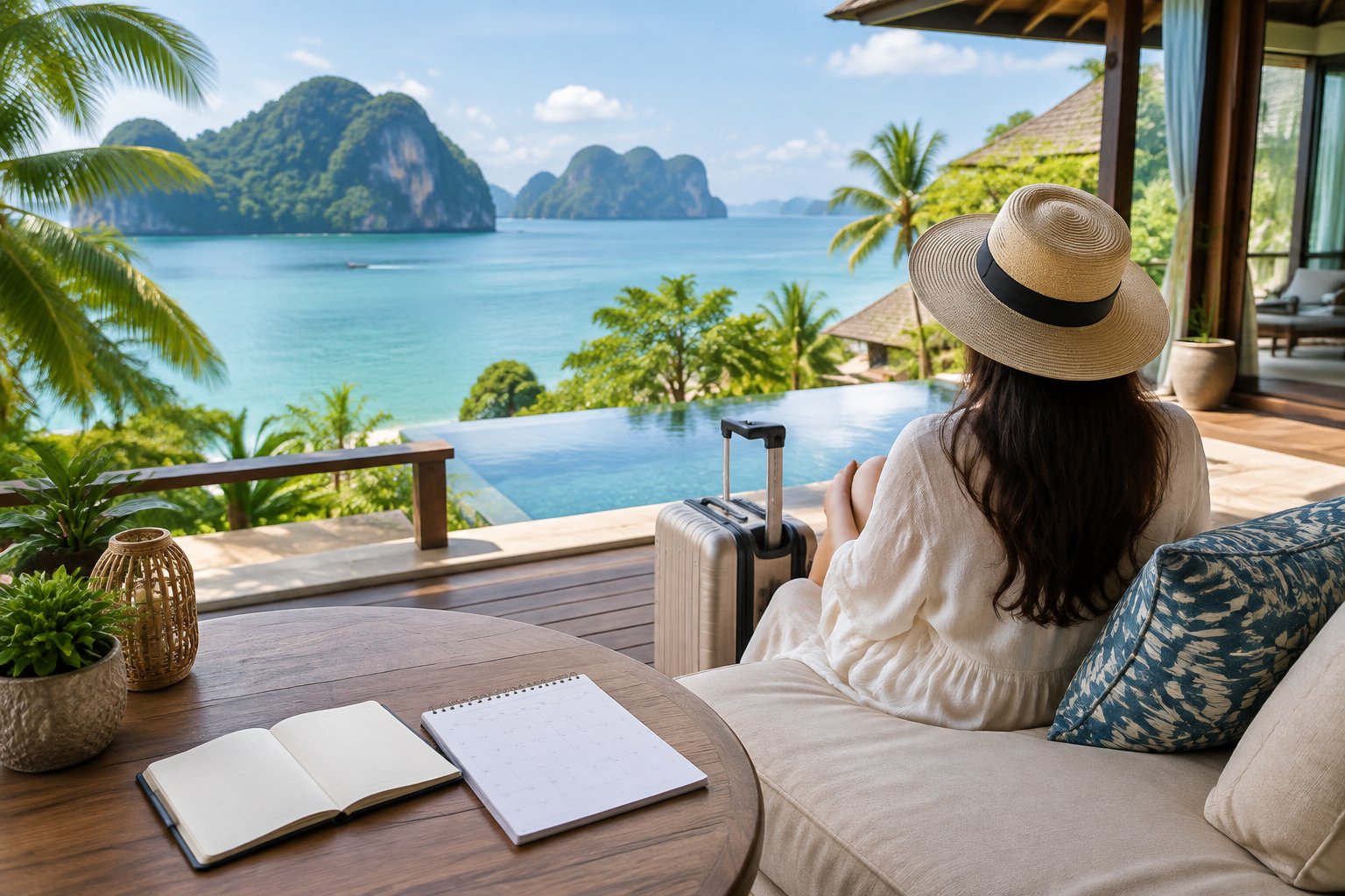 A traveler on a tropical resort terrace looks out over turquoise water and limestone islands.